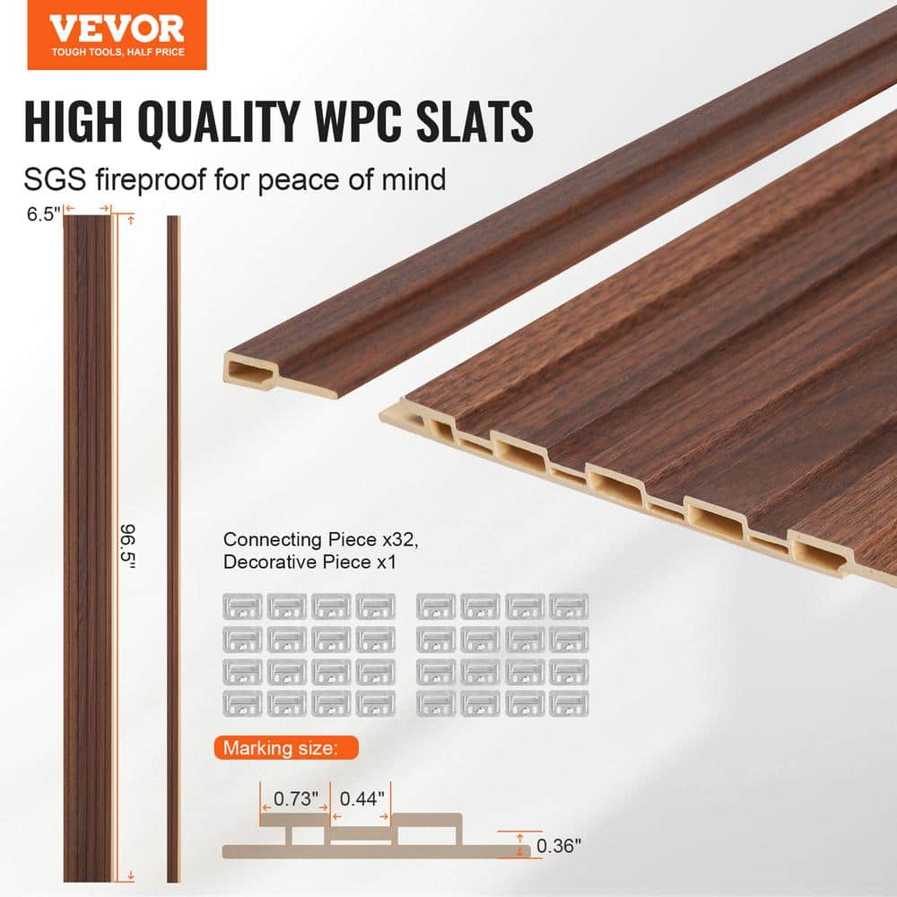 Wood Slat Acoustic Panels 0.35 in. H x 6.54 in. W Slatwall Panels in Brown 8-Pieces WPC Accent Wall Panels ‎Dark Teak - Hercitys