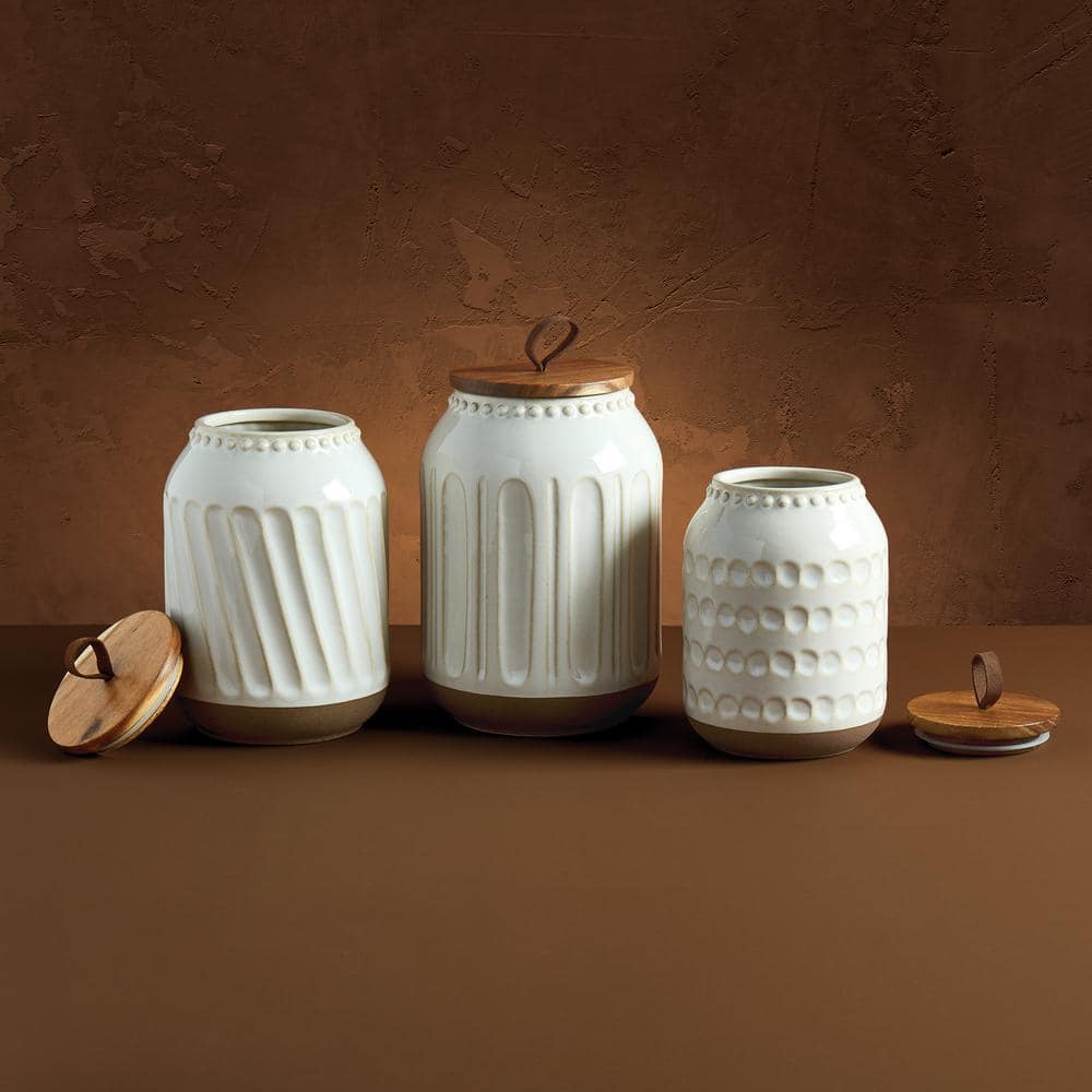Ziggy 3-Piece Ceramic Canister Set with Acacia Wood Lids - Hercitys