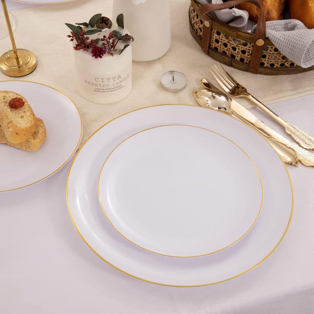 White with Gold Rim Disposable Plates for Party/Wedding/Graduation (100-Piece) - Hercitys