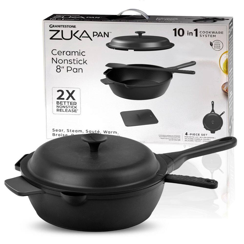 Zuka Everyday Pan 1.25 qt. Aluminum 10 in 1 Ceramic Nonstick Multi-Functional Saute Pan with Lid, Nylon Spoon - Hercitys