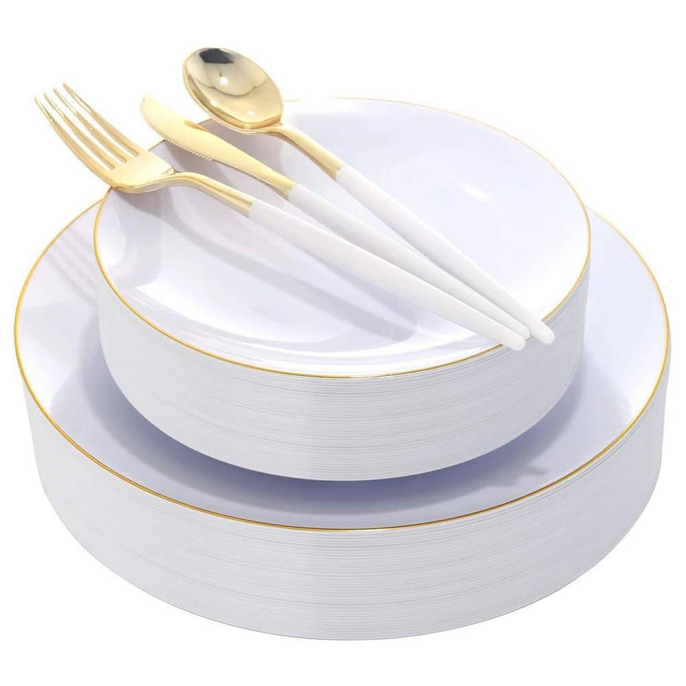 White Gold Plastic Plates with Disposable Silverware, 60-Plates and 90-Cutlery Set for Parties - Hercitys