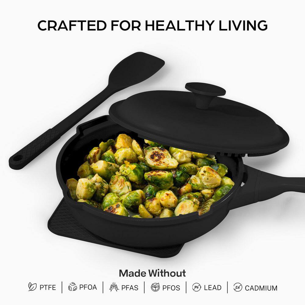 Zuka Everyday Pan 1.25 qt. Aluminum 10 in 1 Ceramic Nonstick Multi-Functional Saute Pan with Lid, Nylon Spoon - Hercitys