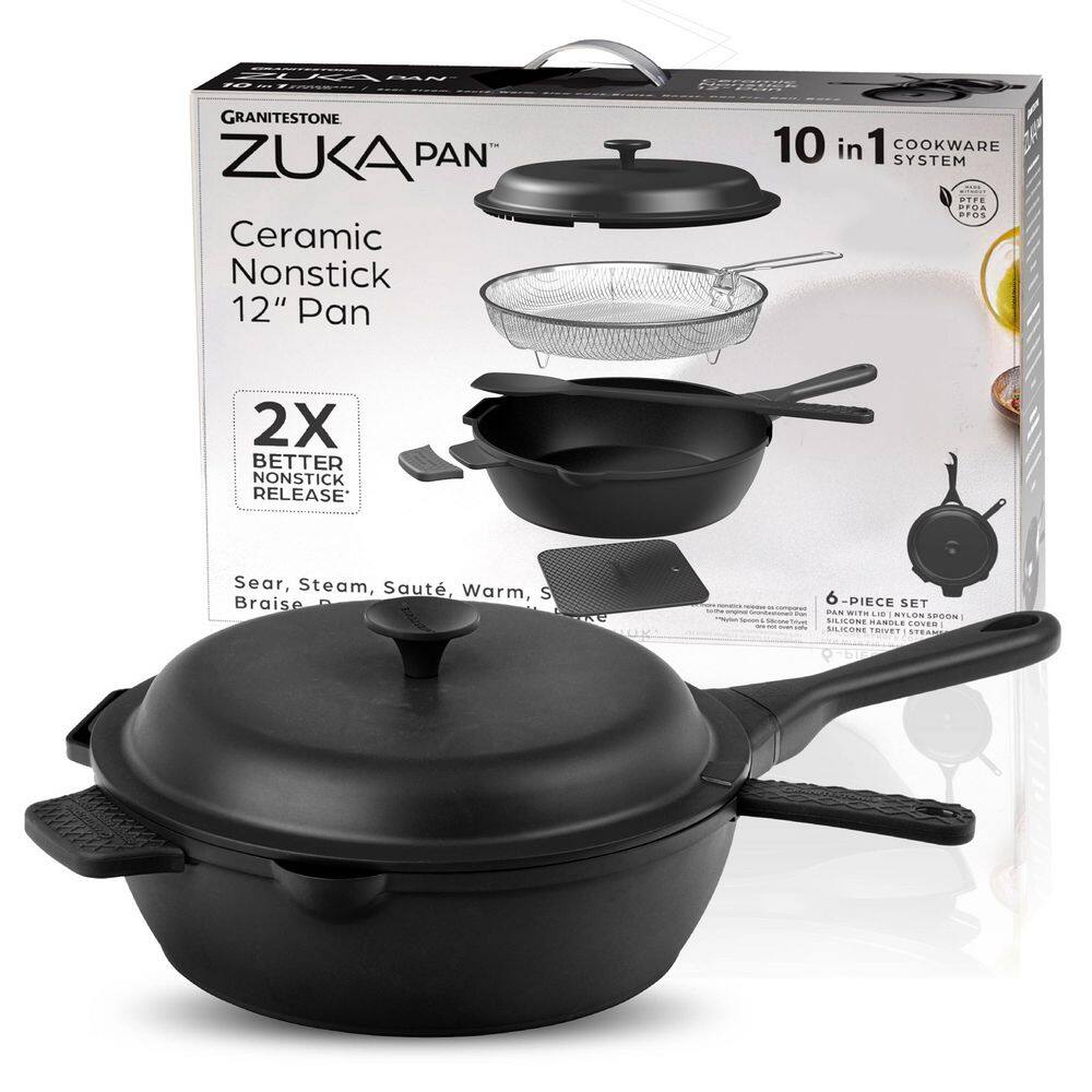 Zuka Everyday Pan 4.25 qt. Ceramic 10 in 1 Nonstick Multi-Functional Saute Pan with Lid, Nylon Spoon, & Steamer Basket - Hercitys