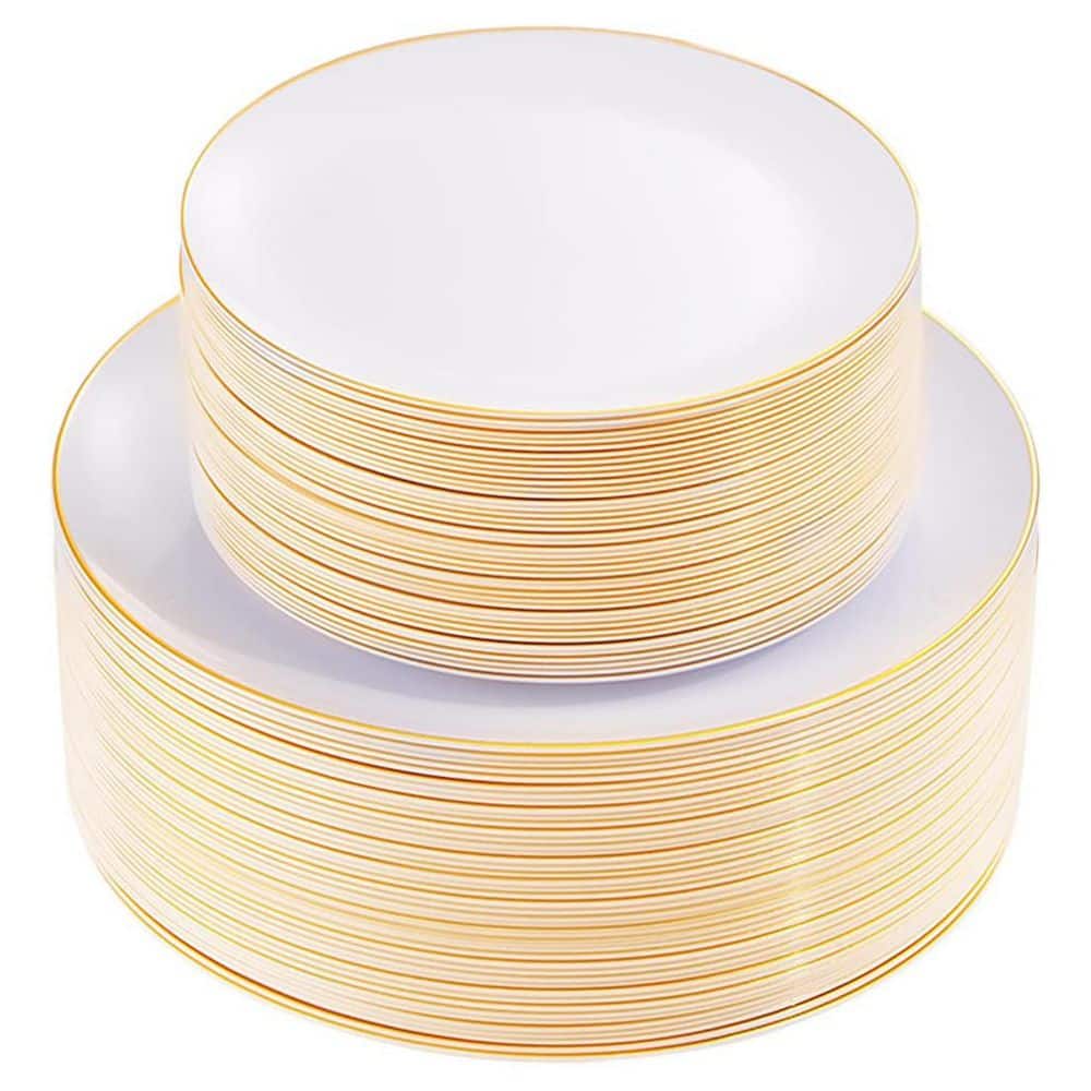 White with Gold Rim Disposable Plates for Party/Wedding/Graduation (100-Piece) - Hercitys