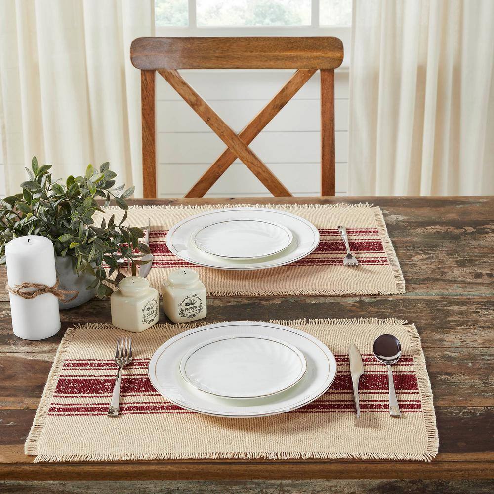 Yuletide 19 in. W. x 13 in. H Creme Red Striped Cotton Burlap Placemat Set of 6 - Hercitys