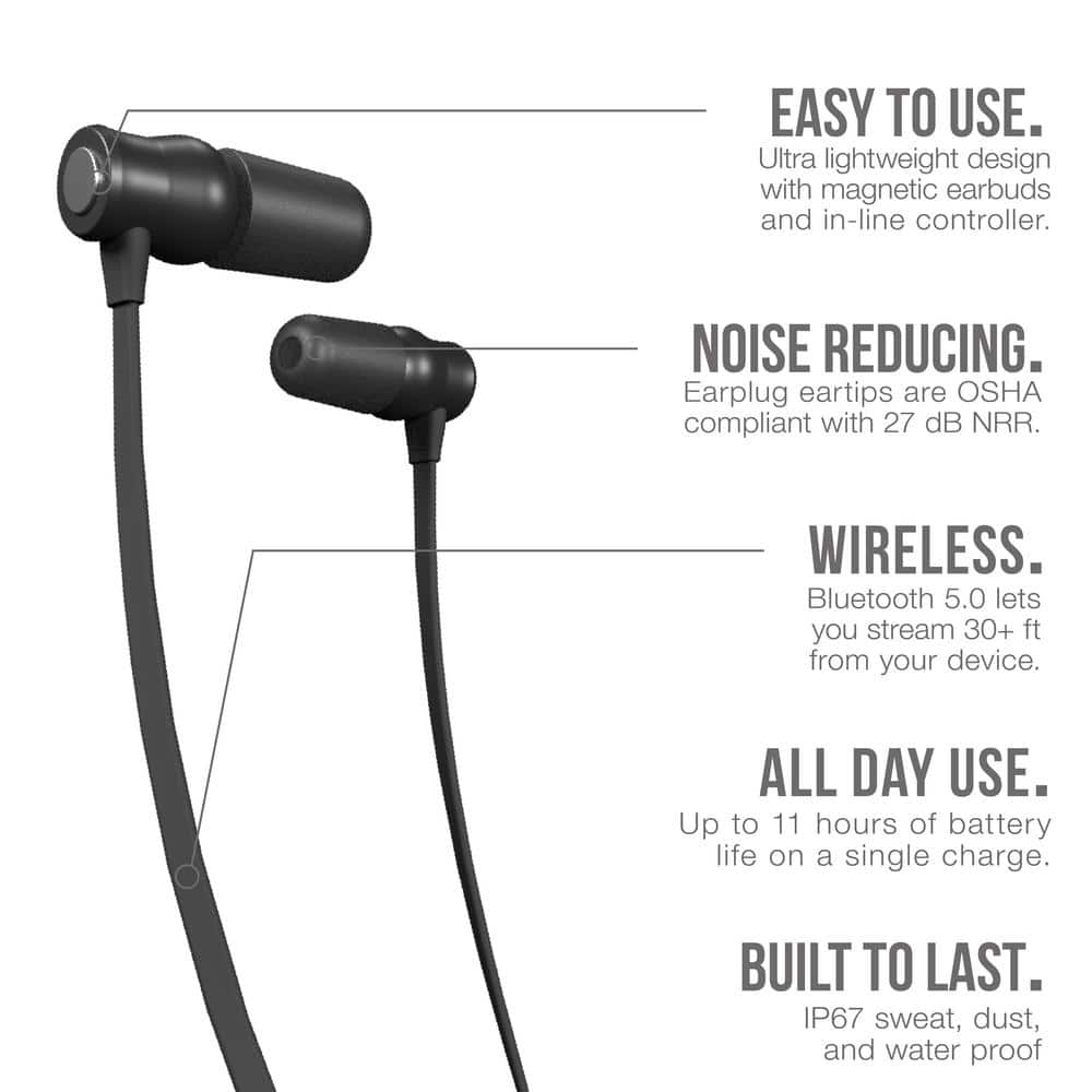 XTRA 2.0 Bluetooth Hearing Protection Earbuds, 27 dB Noise Reduction Rating, OSHA Compliant Work Ear Protection (Black) - Hercitys