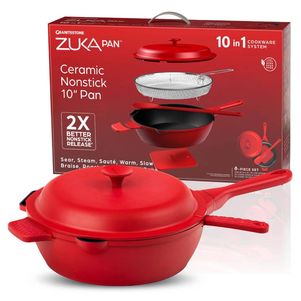 Zuka Everyday Pan 3.25 qt. Aluminum 10 in 1 Ceramic Nonstick Multi-Functional Saute Pan with Nylon Spoon, Steamer Basket - Hercitys
