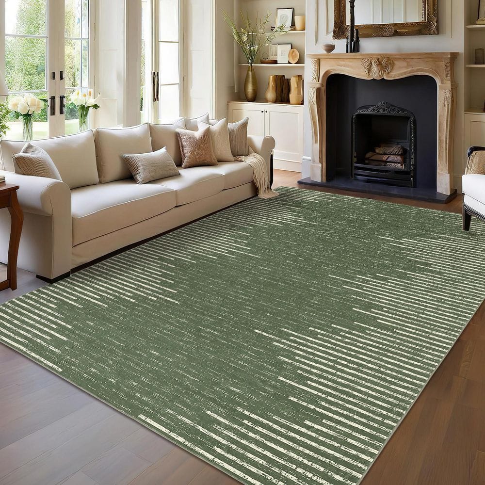 Washable Dark Green 9 ft. x 12 ft. Modern Striped Printed Rug Low Pile Soft Thin Carpet Stain Resistant Nonslip Area Rug - Hercitys