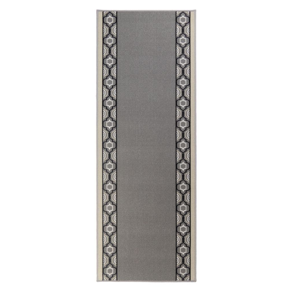Trellis Border Design Gray 36 in. Width x 24 ft. Length Slip-Resistant Runner Rug - Hercitys