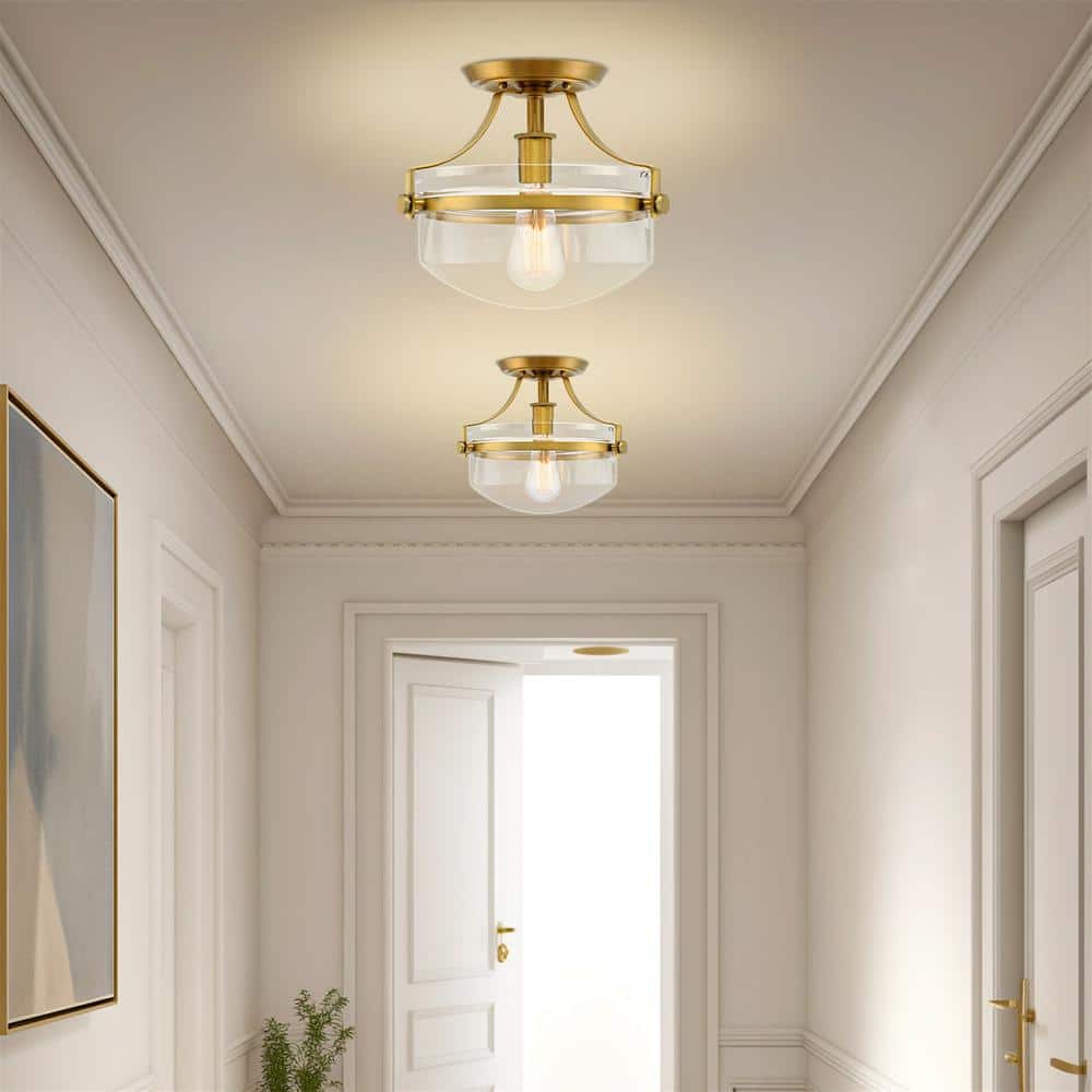 Zurich 12.25 in 60-Watt 1-Light Warm Brass Modern Semi-Flush with Clear Shade, No Bulb Included - Hercitys