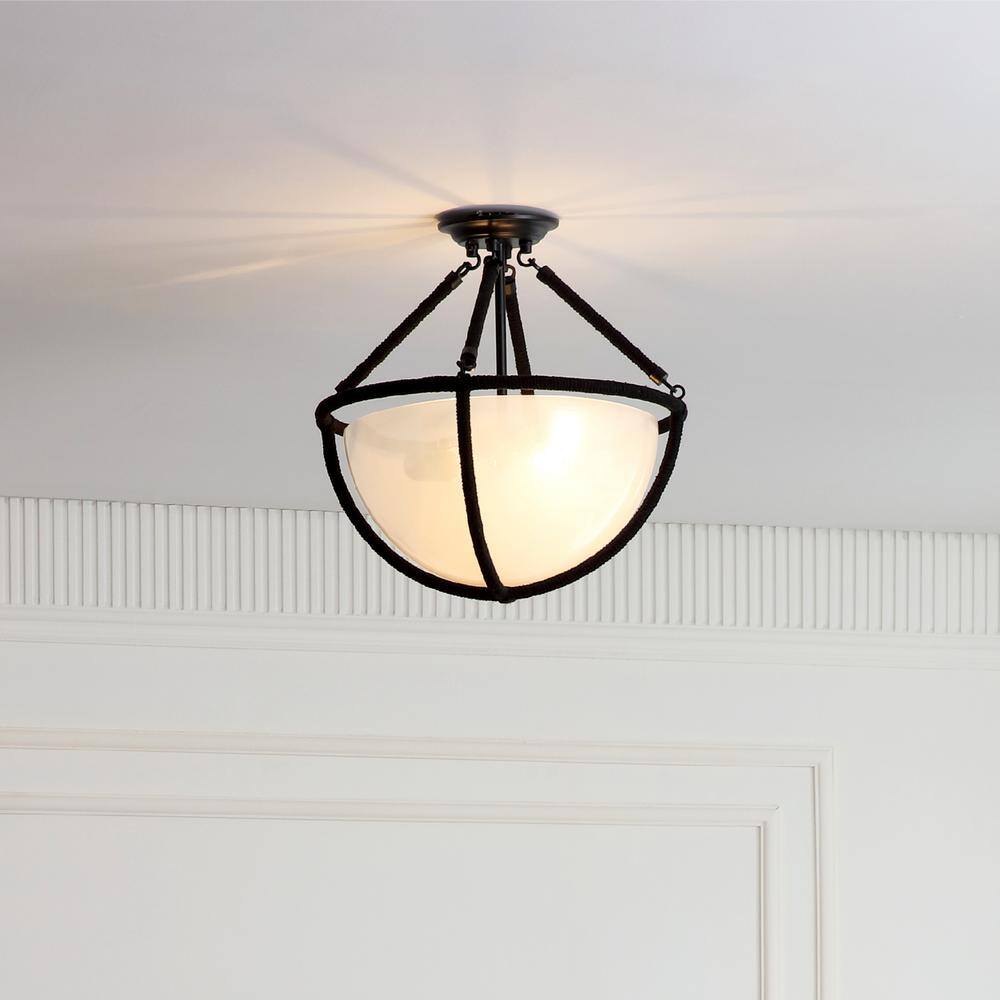 Voyager 16 in. W 2-Light Matte Black Flush Mount Ceiling Light with Rope Detailing-Modern Lamp with Smoked Glass Shade - Hercitys