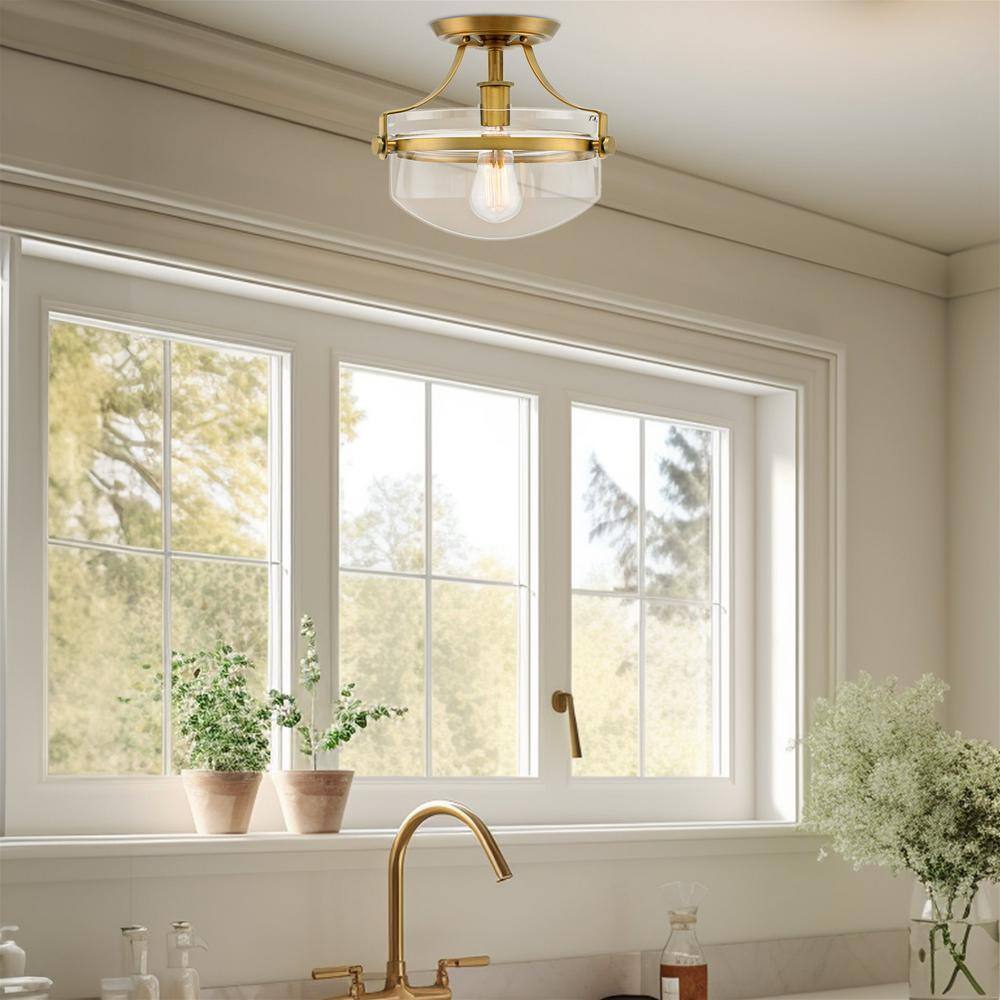 Zurich 12.25 in 60-Watt 1-Light Warm Brass Modern Semi-Flush with Clear Shade, No Bulb Included - Hercitys