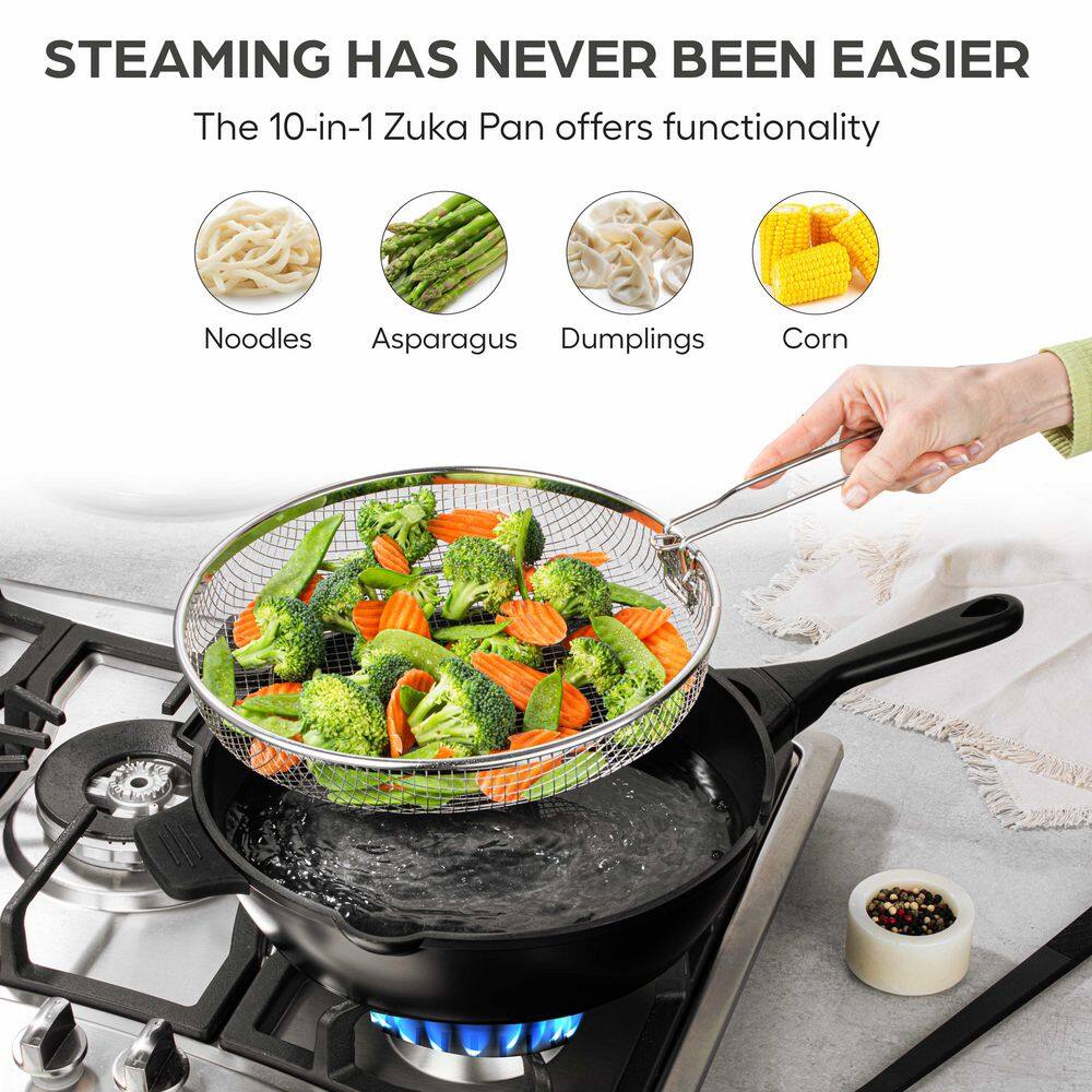 Zuka Everyday Pan 4.25 qt. Ceramic 10 in 1 Nonstick Multi-Functional Saute Pan with Lid, Nylon Spoon, & Steamer Basket - Hercitys