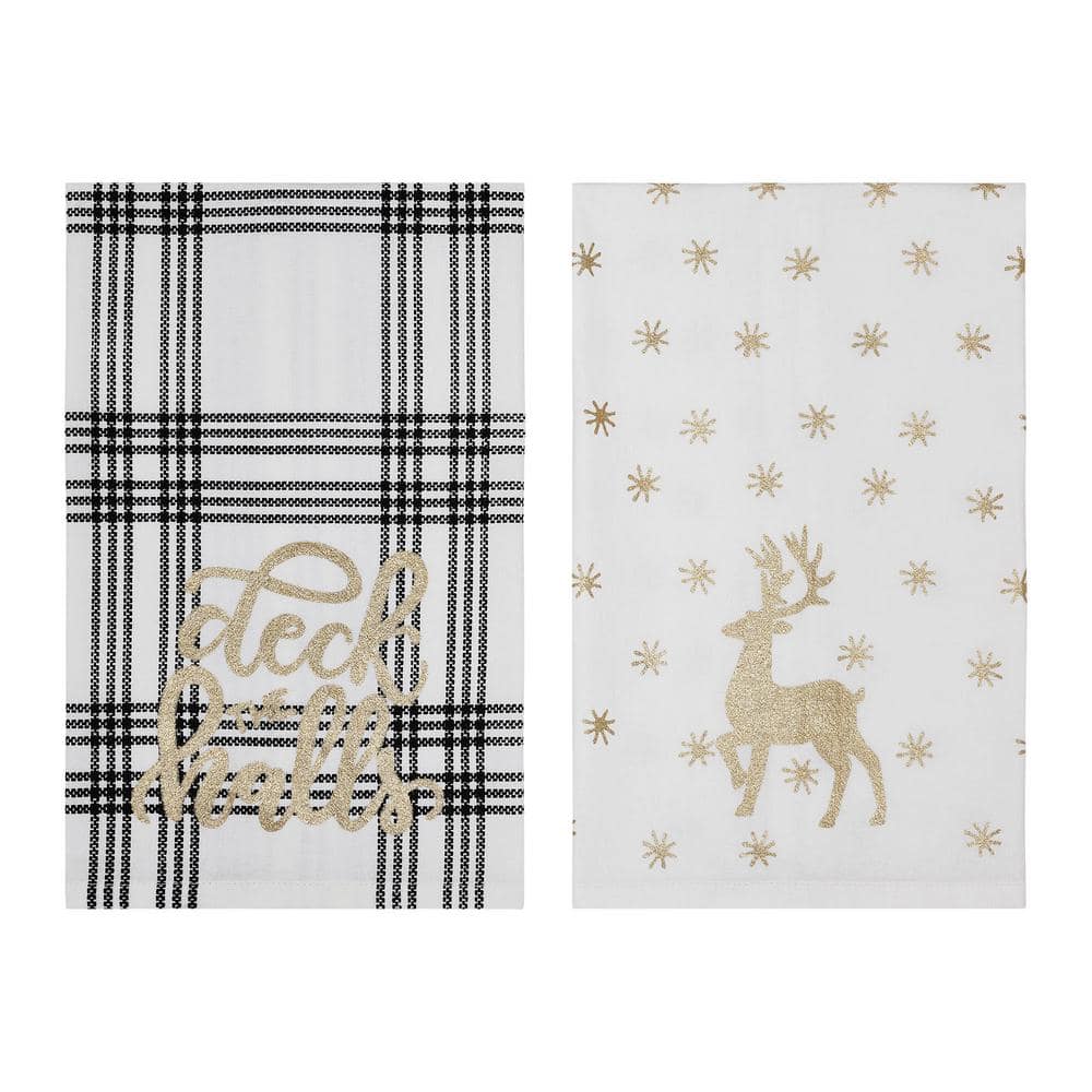 Wintergleam White Black Gold Seasonal Deck the Halls Cotton Kitchen Tea Towel Set (Set of 2) - Hercitys