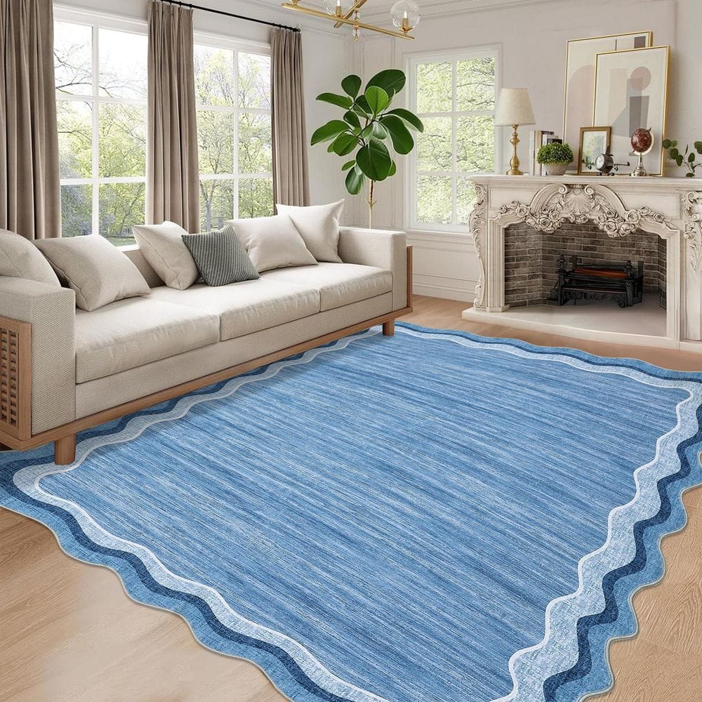 Washable Carpet Blue 9 ft. x 12 ft. Soft Non-Slip Thin Area Rug Irregular Solid Color Decorative Carpet - Hercitys