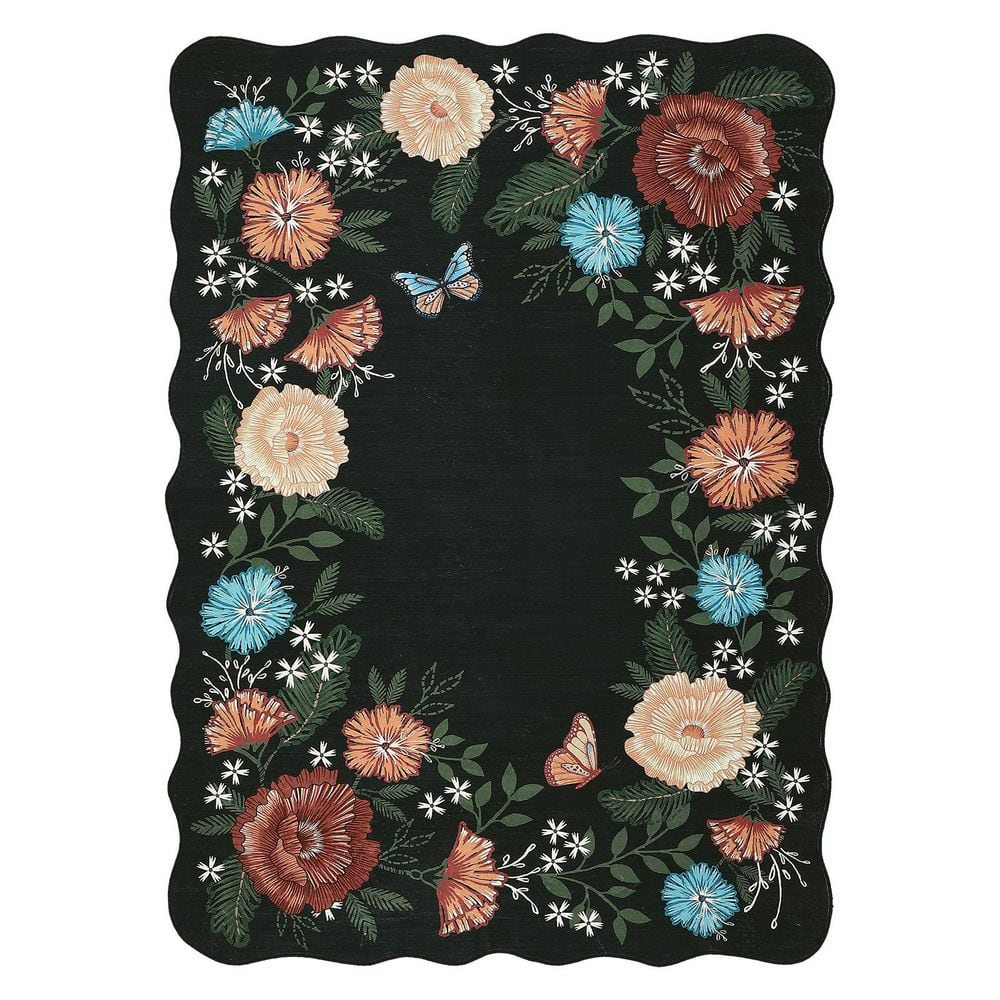 Wavy Edge Decorative Machine Washable Vintage Floral Printed Carpet for Bedroom Apartment Black 9 ft. x 12 ft. Area Rug - Hercitys