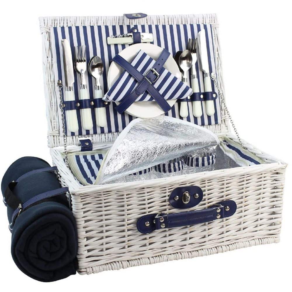 White Wicker Picnic Basket with Insulated Cooler Compartment, Waterproof Blanket and Cutlery Service Kit for 4-Person - Hercitys