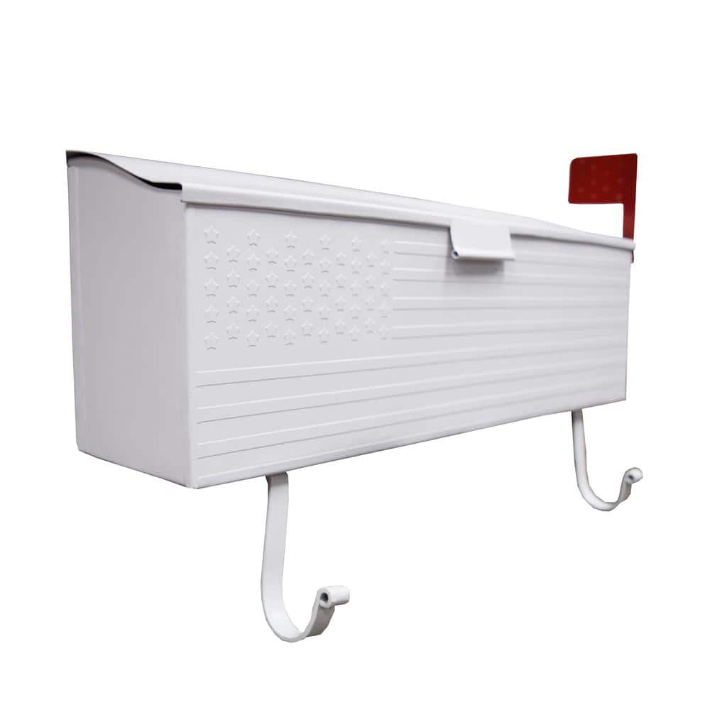 White Patriotic Metal Wall Mounted Mailbox with Outgoing Mail Flag and Newspaper Hangers - Hercitys
