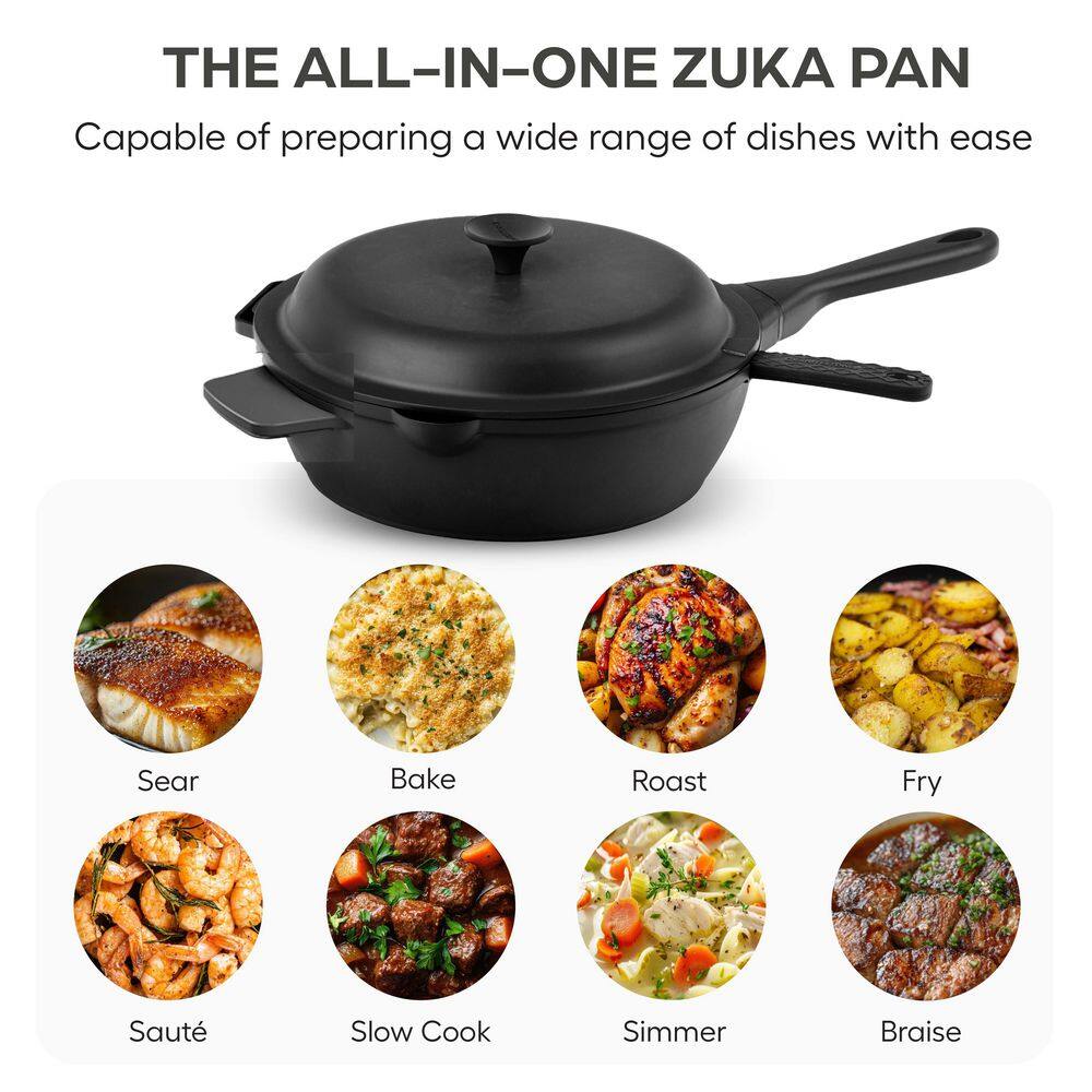 Zuka Everyday Pan 1.25 qt. Aluminum 10 in 1 Ceramic Nonstick Multi-Functional Saute Pan with Lid, Nylon Spoon - Hercitys