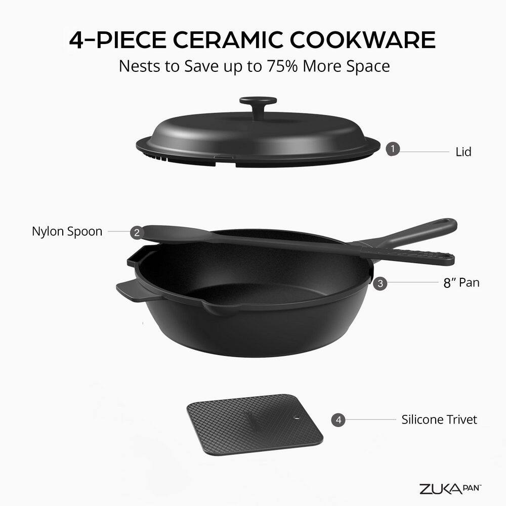 Zuka Everyday Pan 1.25 qt. Aluminum 10 in 1 Ceramic Nonstick Multi-Functional Saute Pan with Lid, Nylon Spoon - Hercitys