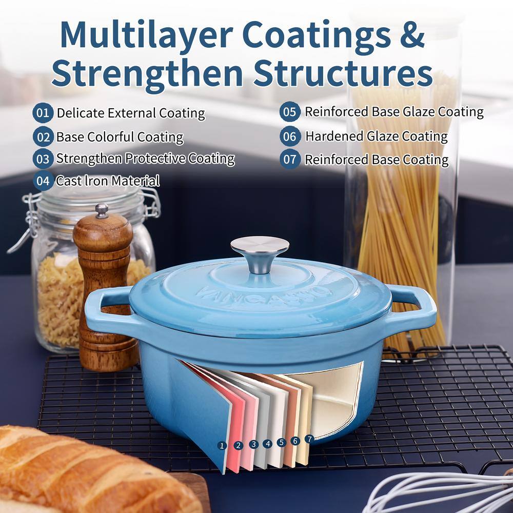 5 qt. Non-Stick Cast Iron Round Dutch Oven in Light Blue with Lid - Hercitys