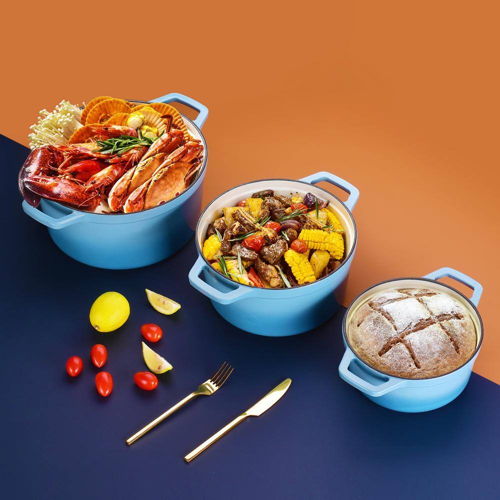 5 qt. Non-Stick Cast Iron Round Dutch Oven in Light Blue with Lid - Hercitys