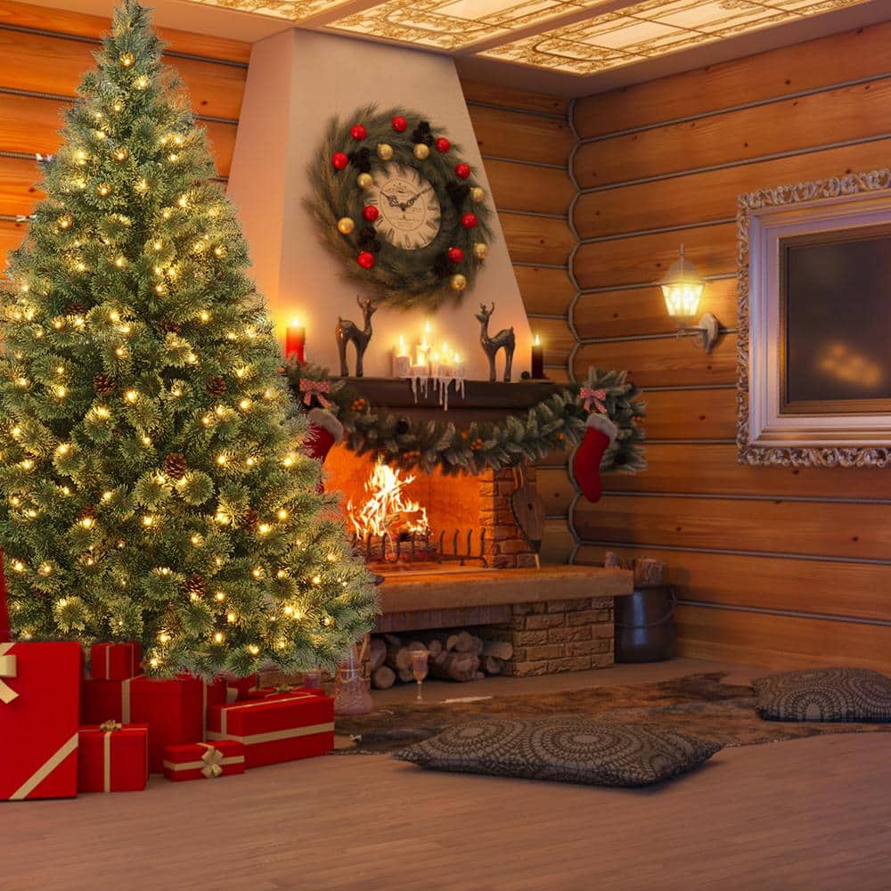 6 ft. Green Pre-Lit Flowering Artificial Christmas Tree Hinged PVC Pine Tree - Hercitys