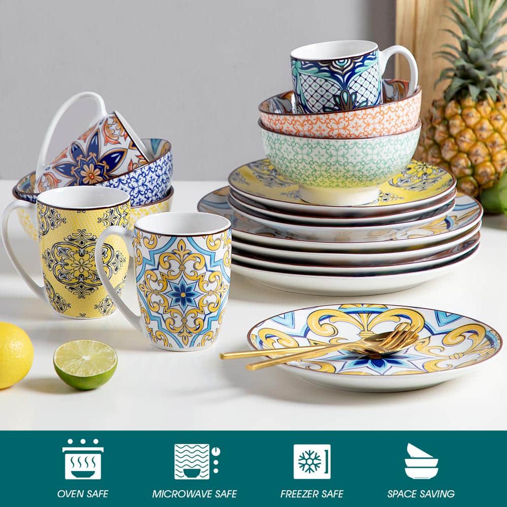 Jasmin 16-Piece Porcelain Multi-Colors Dinnerware Sets (Service for 4) - Hercitys