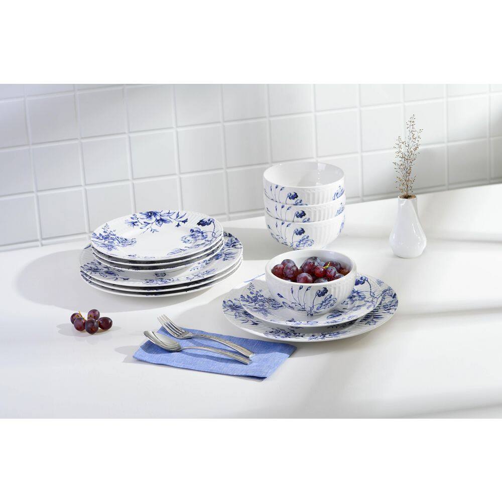 Cassian Embossed Toile Blue Porcelain 12-Pieces Dinnerware Set - Hercitys