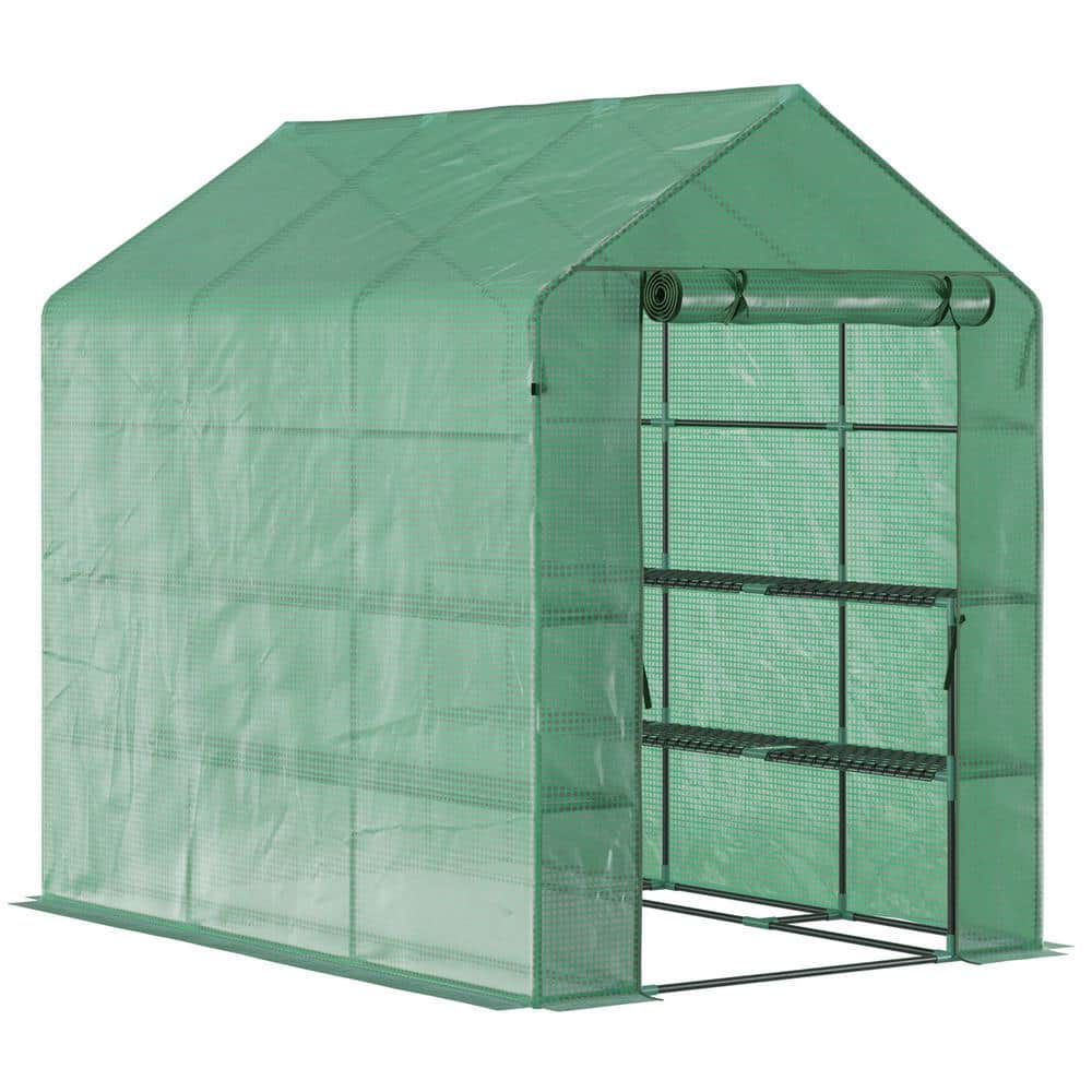 7 ft. x 5 ft. x 6.5 ft. Greenhouse PE Cover, 3-Tier Shelves, Steel Frame Hot House, Roll-Up Zipper Door for Plants-Green - Hercitys