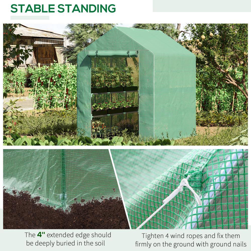 7 ft. x 5 ft. x 6.5 ft. Greenhouse PE Cover, 3-Tier Shelves, Steel Frame Hot House, Roll-Up Zipper Door for Plants-Green - Hercitys