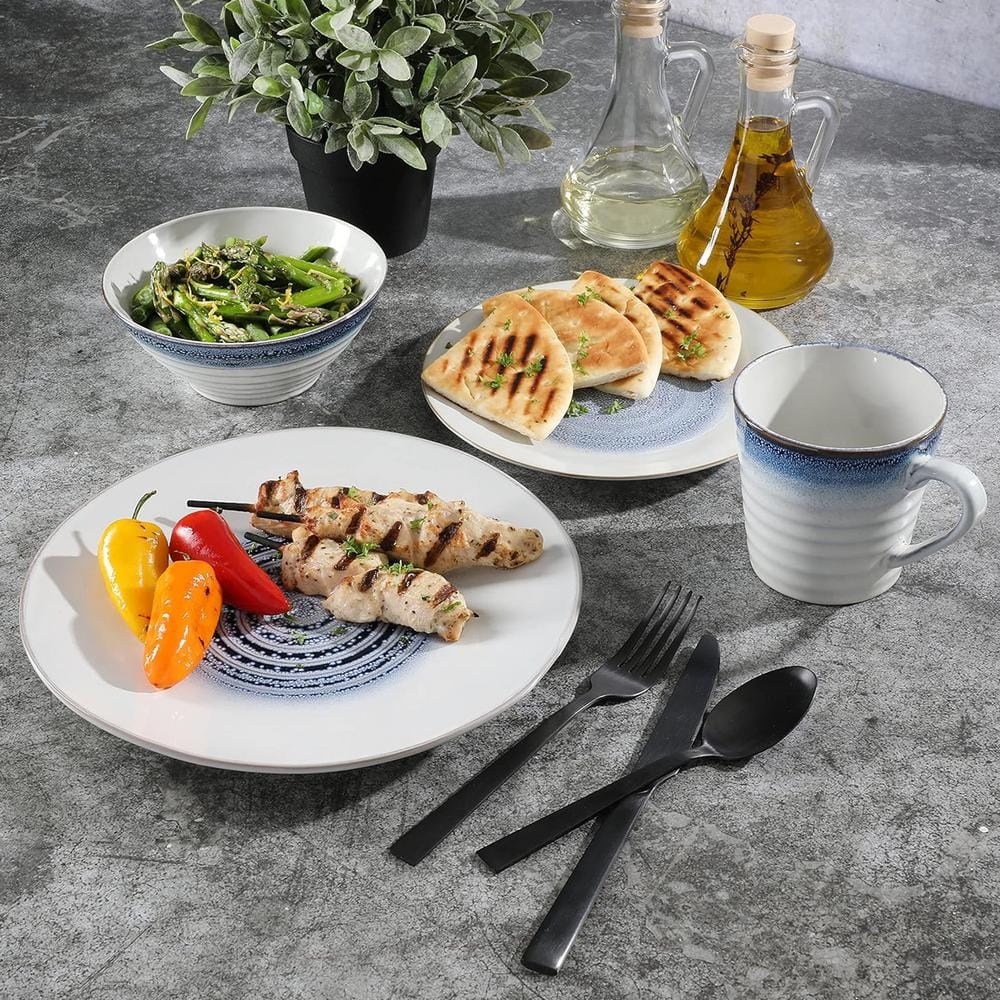 Spiral Embossed 16-Piece Stoneware Dinnerware Set in Blue - Hercitys