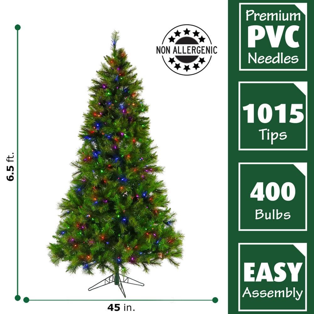 6.5-ft. Pre-Lit Canyon Pine Green Artificial Artificial Christmas Tree, Multi-Color LED Lights - Hercitys