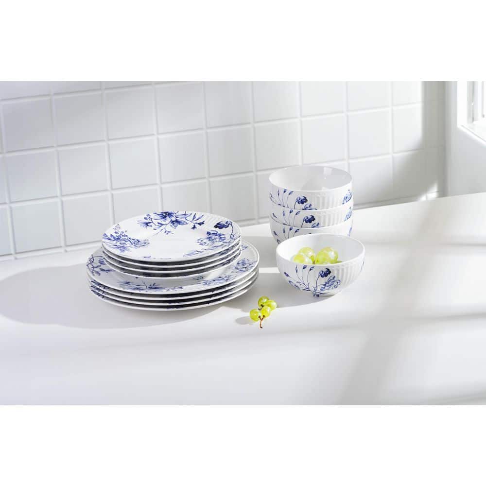 Cassian Embossed Toile Blue Porcelain 12-Pieces Dinnerware Set - Hercitys
