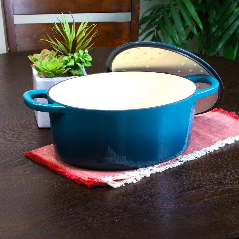 Artisan 7 qt. Oval Cast Iron Nonstick Dutch Oven in Teal Ombre with Lid - Hercitys