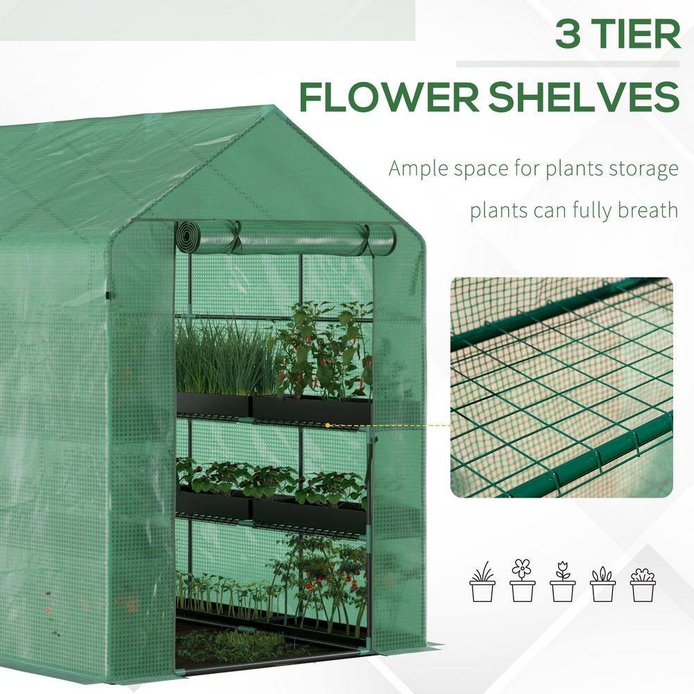 7 ft. x 5 ft. x 6.5 ft. Greenhouse PE Cover, 3-Tier Shelves, Steel Frame Hot House, Roll-Up Zipper Door for Plants-Green - Hercitys