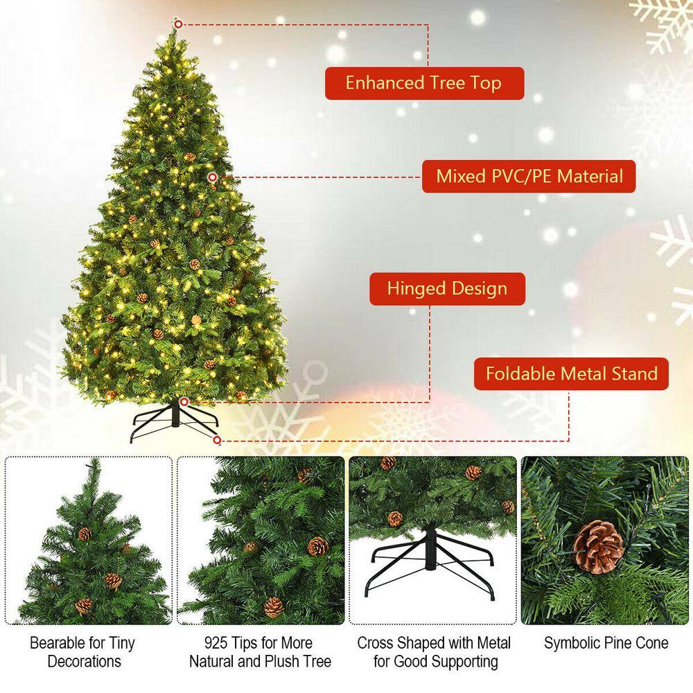 7 ft. Pre-Lit Artificial Christmas Tree Hinged 460 LED Lights Pine Cones - Hercitys